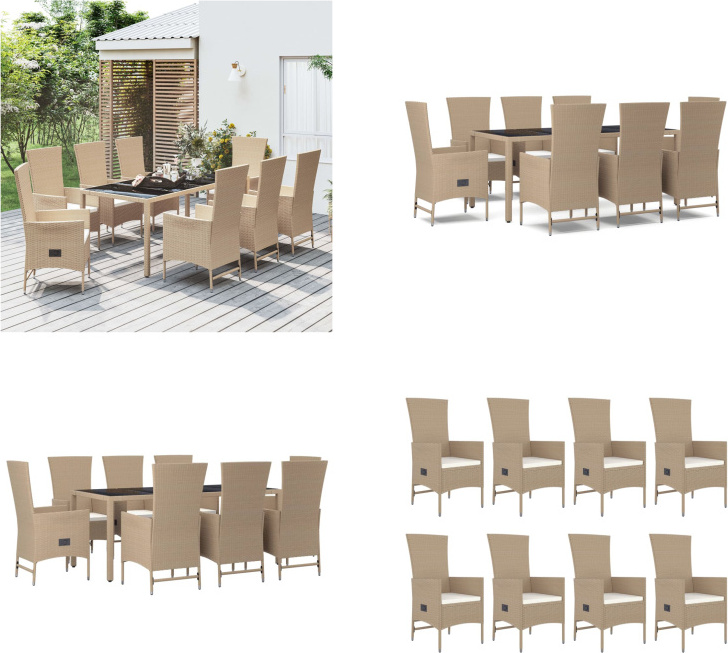 vidaXL 9 tlg. Garten Essgruppe mit Kissen Beige Poly Rattan - Garten Essgruppe - Garten Essgruppen - Essgruppe - Essgruppe Terrasse