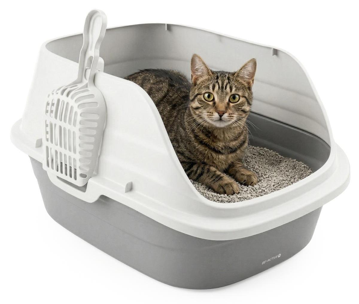 BE-ACTIVE.PL Katzenklo mit Schaufel, offener Katzenklo, Katzenklo mit hohem Rand, 40 x 30 x 28 cm, Katzen Toilette, weiß-grau