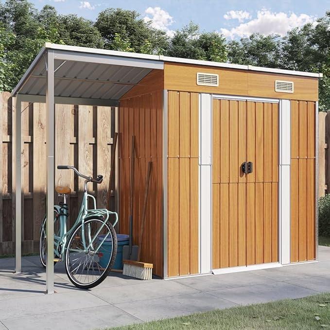 Unbranded Gartenhaus mit Schleppdach Gerätehaus Gartenschuppen Schuppen mit Stauraum Metallschuppen Geräteschuppen Gartenschrank Garten Schuppen Hellbraun 277x110,5x181 cm Stahl