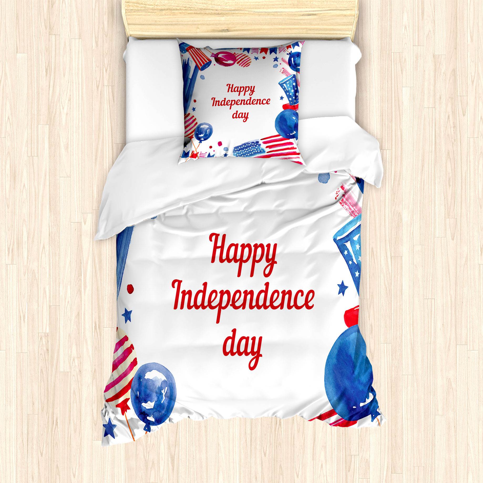 ABAKUHAUS 4. Juli Bettbezug Set für Einzelbetten, Nationalfeiertag Themen Kunst, Milbensicher Allergiker geeignet mit Kissenbezug, 135 cm x 200 cm - 80 x 80 cm, Weiß und Multicolor nevde_260120_135x200_de