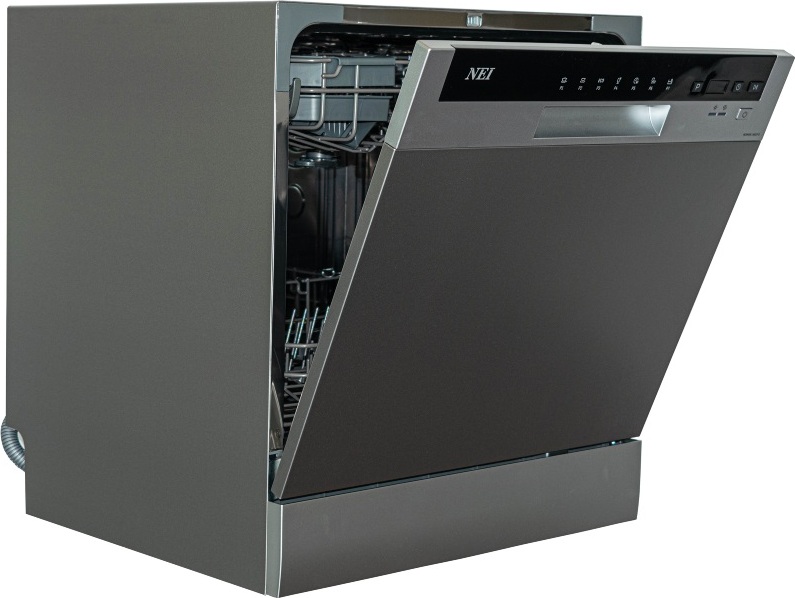 Kompaktná umývačka riadu NEI NDW8S-3802FS, 8 súprav riadu, 7 programov, časovač, strieborná