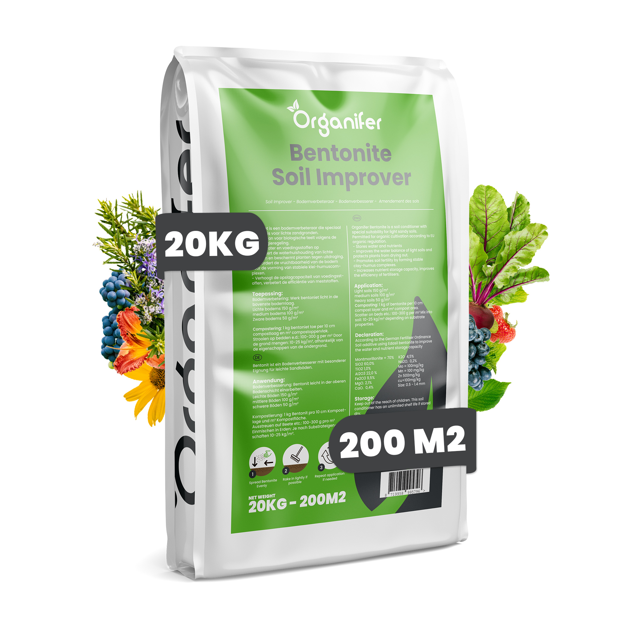 Bentonit Bodenverbesserungsmittel für Sandböden (20 kg - für 200 m2)- Organifer 34121