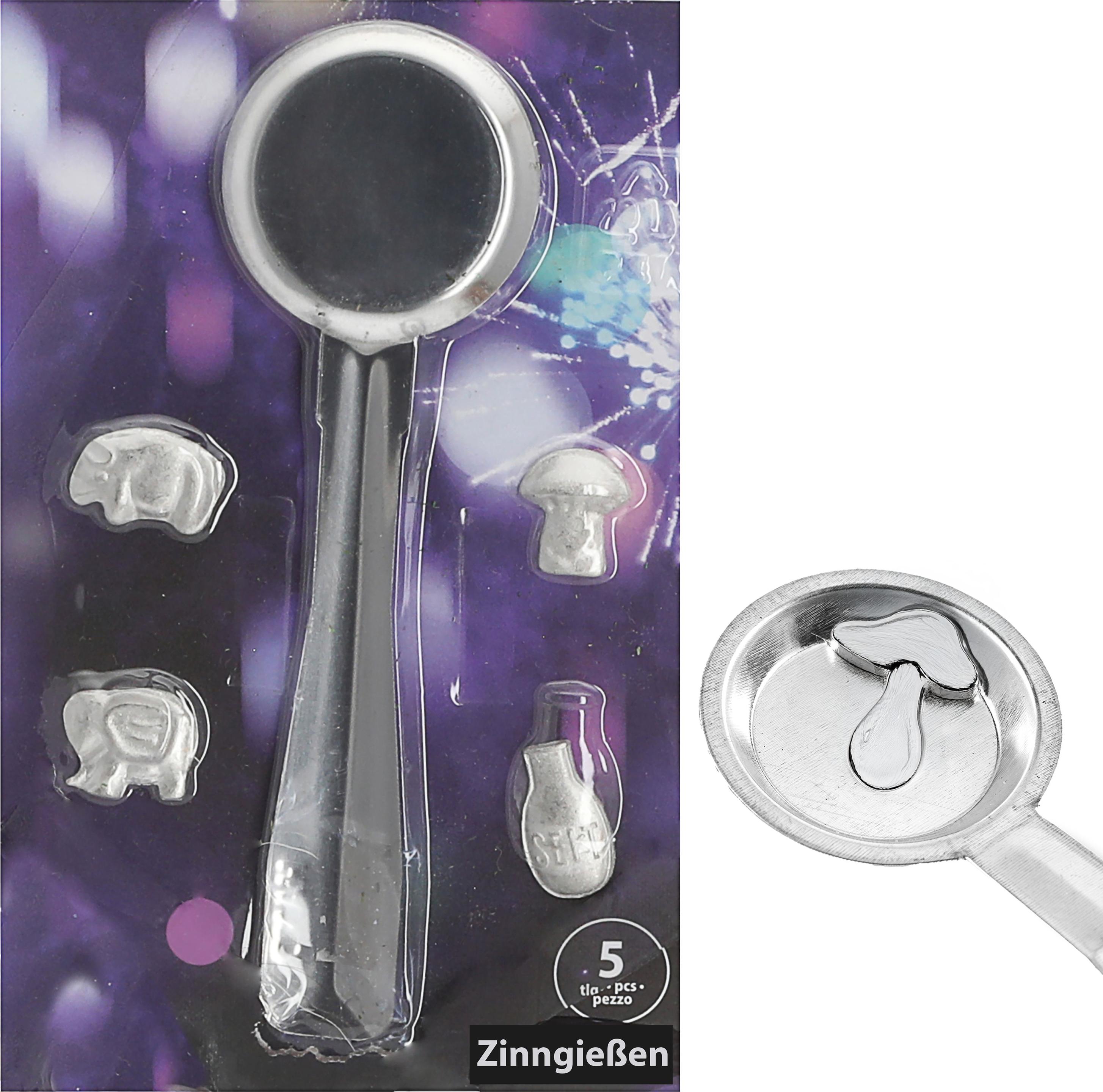 CEWEPA Zinngieß-Set 5tlg. Gieß-Löffel 4 Hohlfiguren 13,5x21cm Zinn silberfarben Silvesterbrauch Deutungstabelle Zinngießen