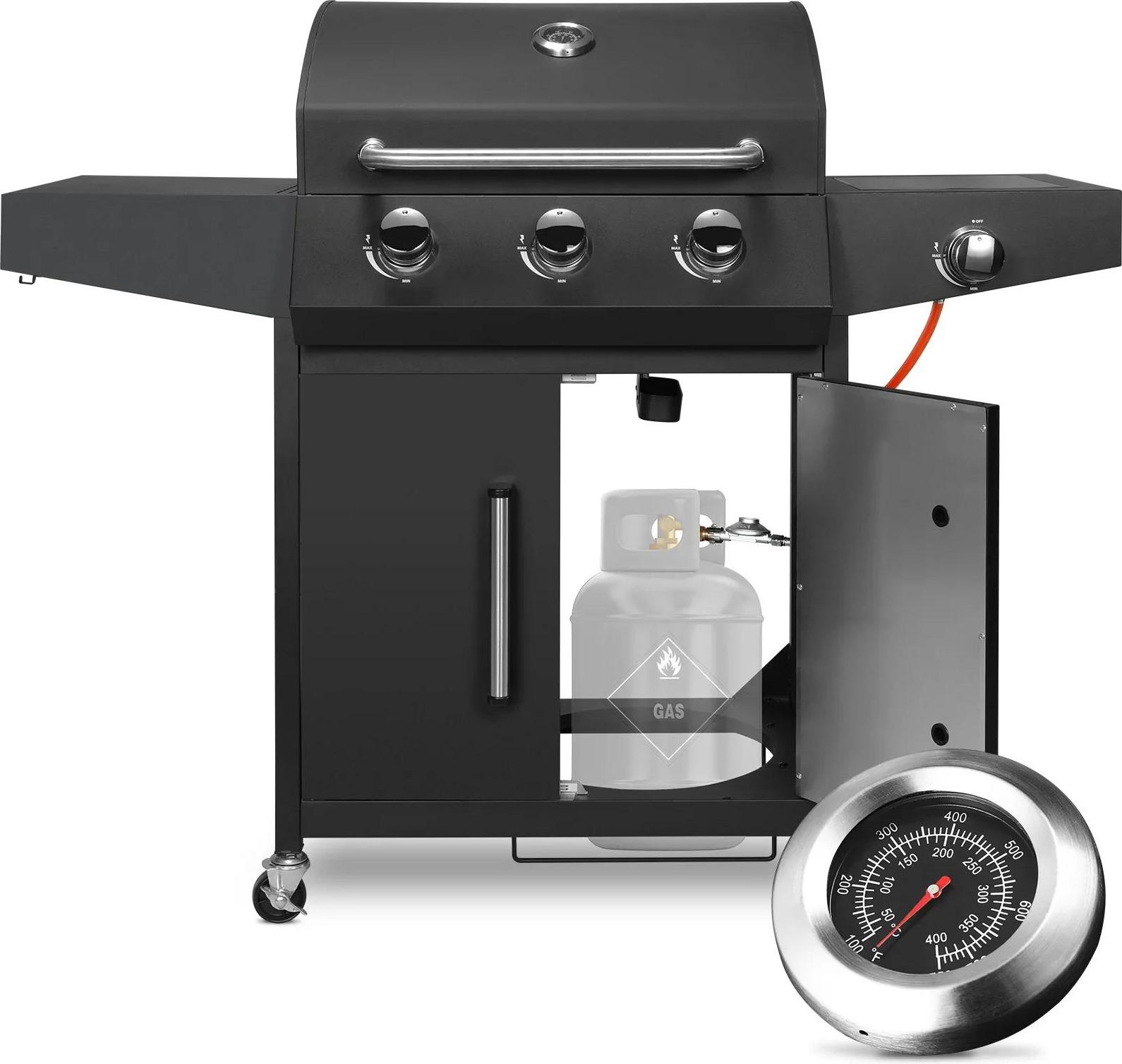 Plynový gril BBQ - 3+1 horák - 24 000 BTU - bočný horák a bočný stolík - nerezová oceľ - smaltovaný porcelán - model na vozíku - zemný plyn - čierny