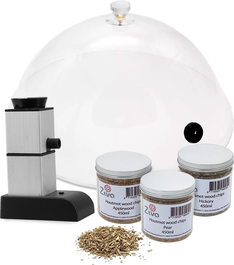 Ziva Smoke Bundle – Kaltraucher + Rauchkuppel + Holzspäne (3 Geschmacksrichtungen)