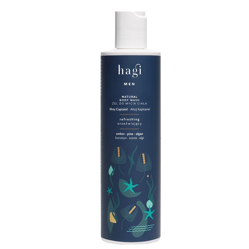 Hagi Natural Shower Gel for Men Ahoy Captain! With Algae, Aloe Vera Juice and Amber Extract Hydration, Protective Barrier, Softening, Anti-inflammatory, Antirheumatic 300ml