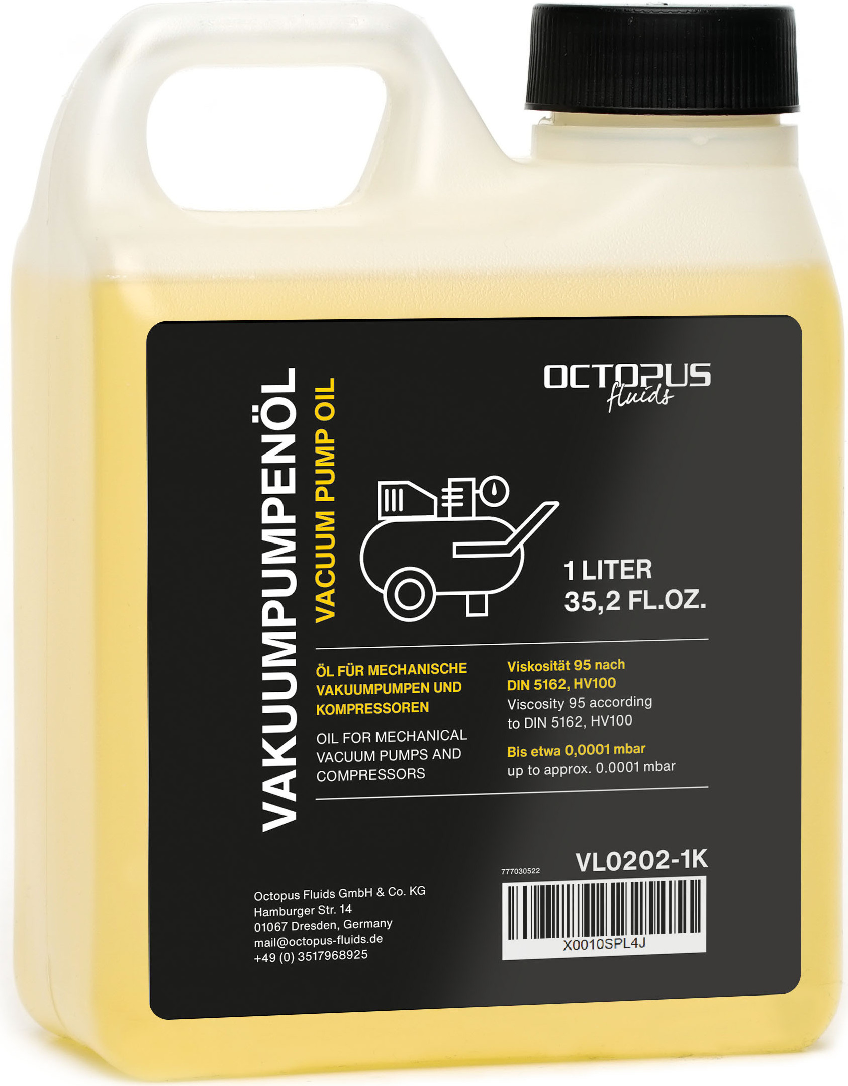 Octopus Concept GmbH Vakuumpumpenöl 1 Liter, Vakuumöl mit Viskosität 95 nach DIN 5162 VL0202-1K