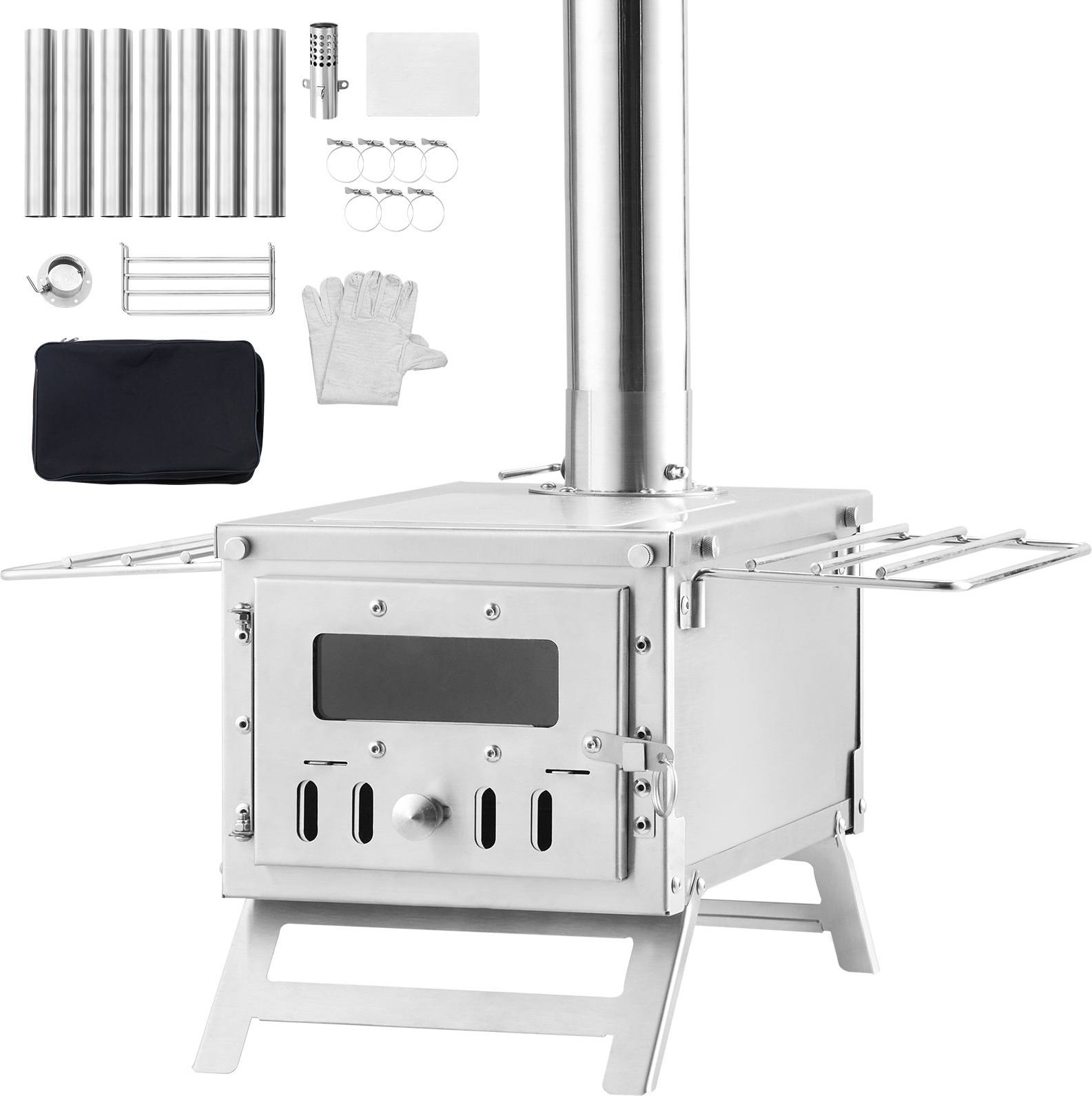 SucceBuy 80 palcový nerezový kempingový stanový sporák, prenosný sporák na drevo so 700 palcovým ohniskom, 8 komínovými rúrami a rukavicami, horúci stanový sporák na varenie a vykurovanie vonku