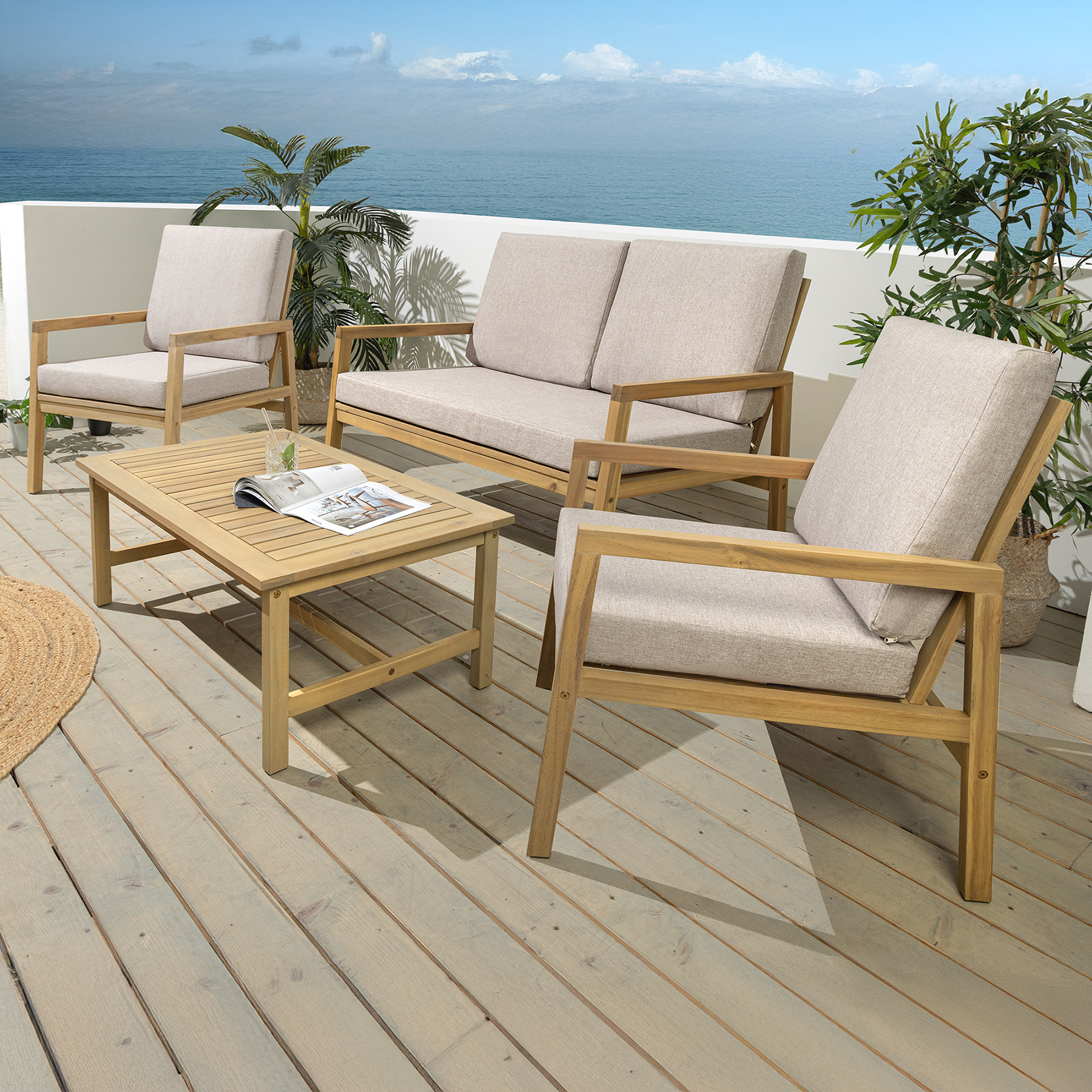 riess-ambiente Outdoor Garten-Sitzgruppe BALI 110cm natur beige Akazie Massivholz wetterfest Gartenmöbel Loungemöbel 45276