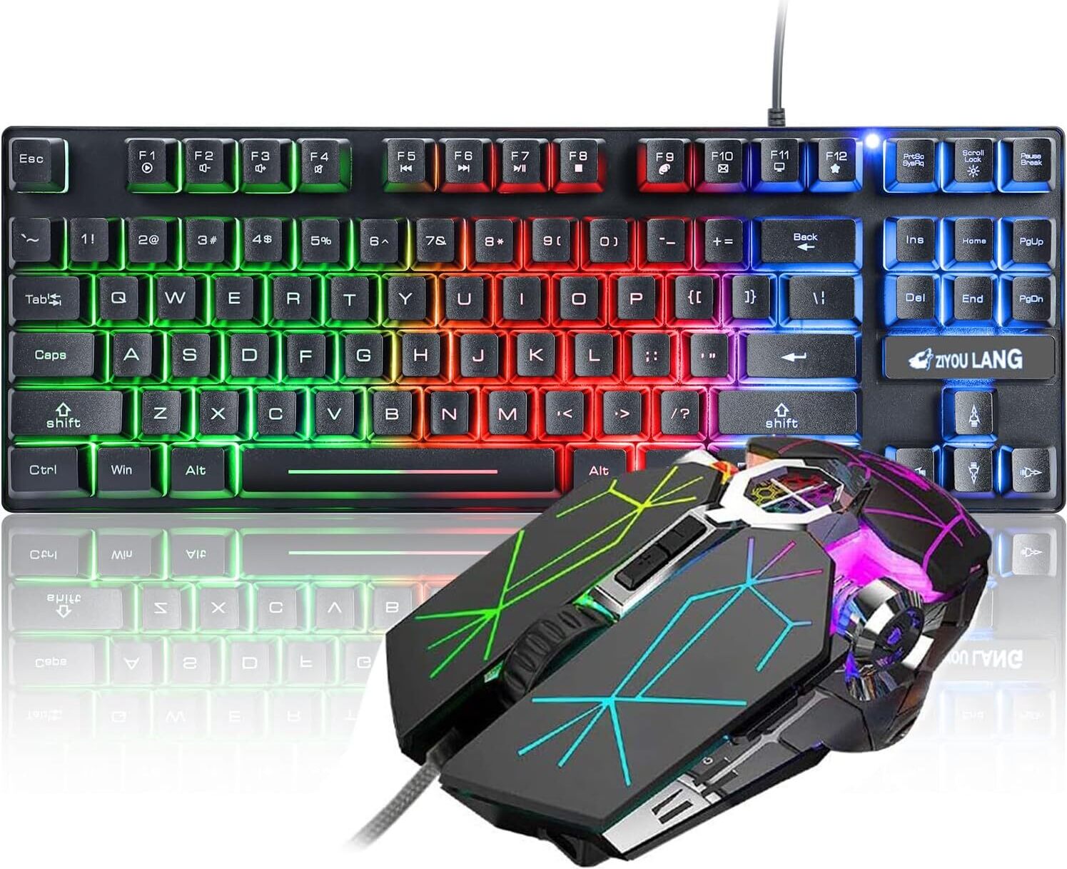 LexonElec Gaming-Tastatur, kabelgebunden, 87 Tasten, mechanische Haptik, Regenbogen, LED-Hintergrundbeleuchtung, PC-Tastatur, optische Gaming-Maus, 6 Tasten