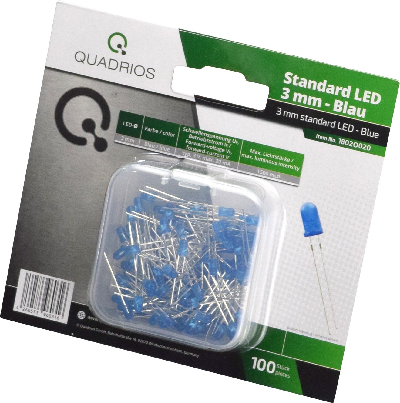 QUADRIOS, 1802O020, LED Sortiment 3 mm Leuchtdioden Blau 100 tlg