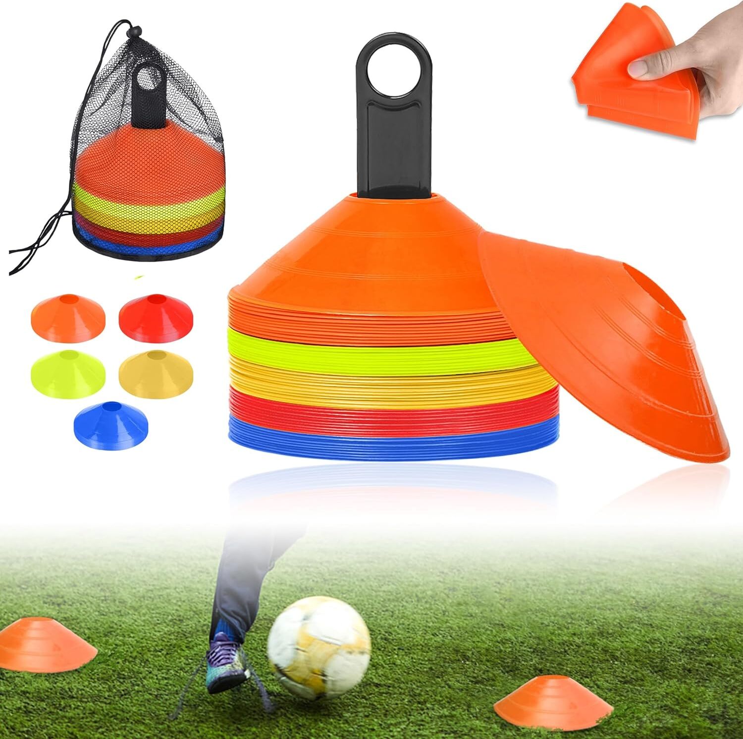 Set Da 10 Coni Disco Per Allenamento Calcio - Marcatori Colorati In PE Con Maniglia Per Trasporto - Ideali Per Calcio, Hockey, Corsa E Basket - 6