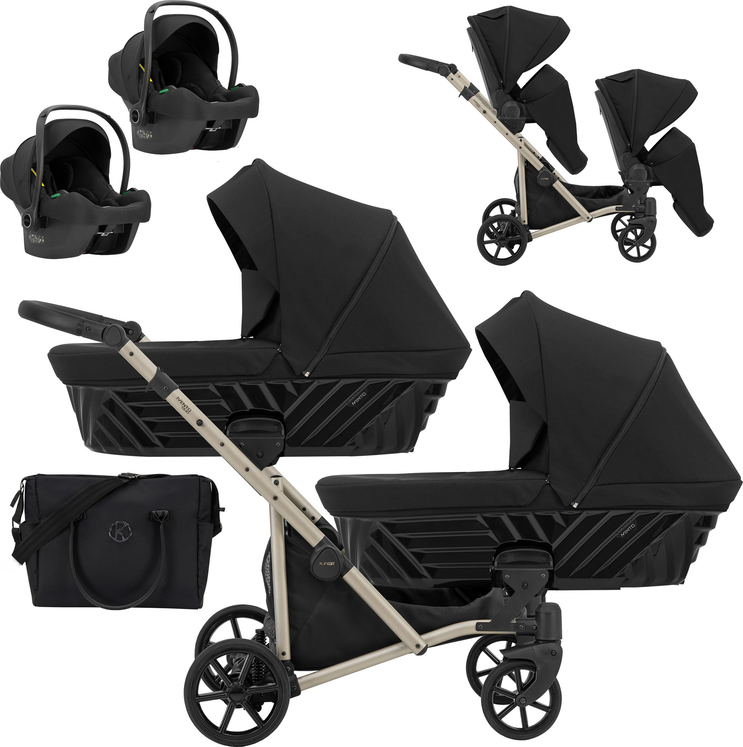 Kinderwagen IVENTO DUO 3 in 1 Komplettset Zwillingskinderwagen Geschwisterwagen Zwillingsbuggy Doppelkinderwagen (Deep Black, Rahmenfarbe: champagne)