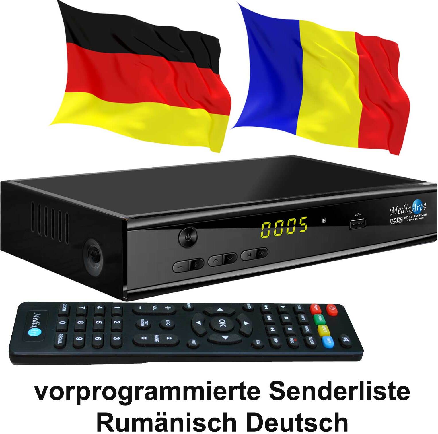 Rumänische TV Sat Receiver MEDIAART- 4 FULL HD vorprogrammiert 19+16+1W HDTV USB 9490