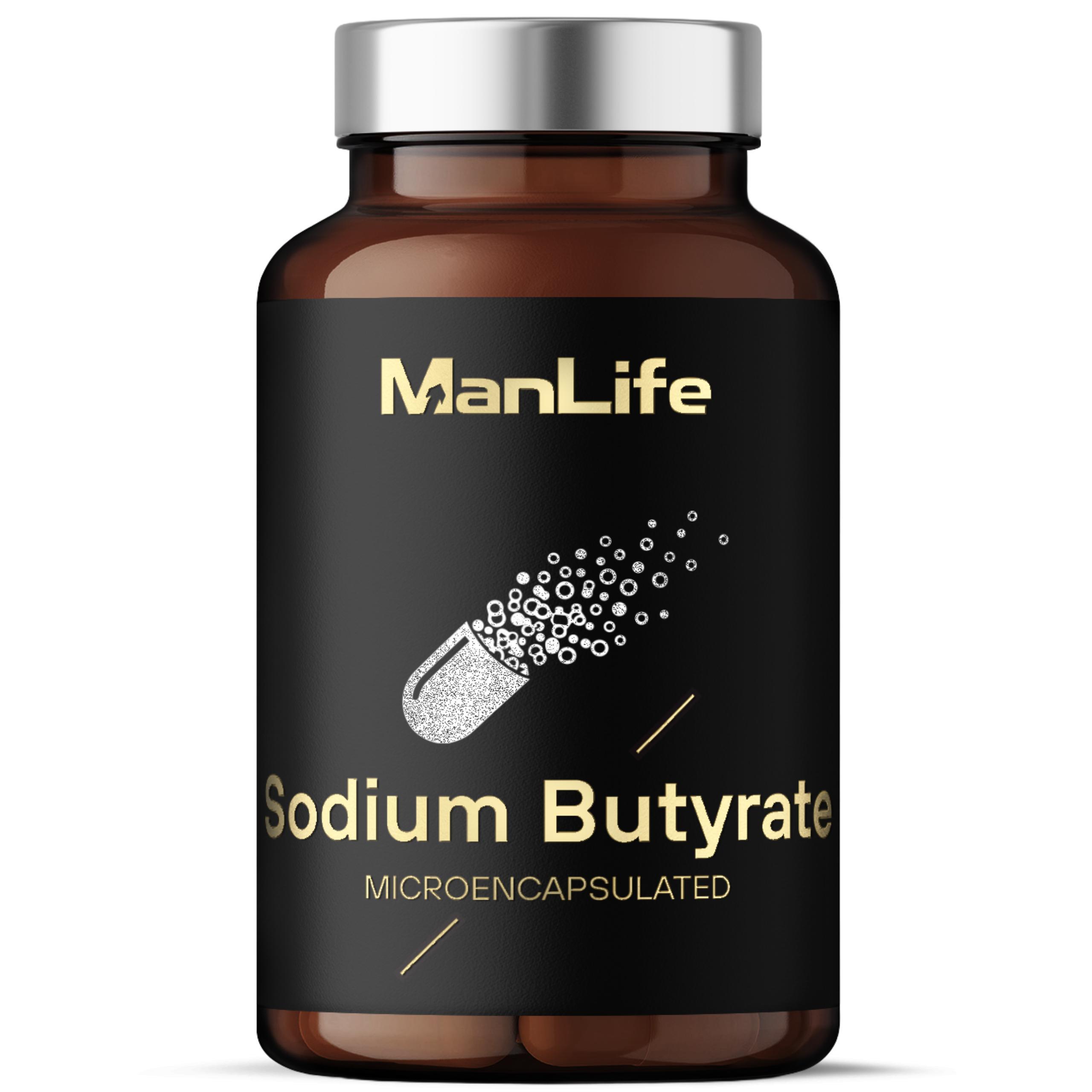 ManLife Natriumbutyrat Mikroverkapseltes 1500mg | Buttersäure für den Darmflora | 90 vegane Kapseln Sodium Butyrate