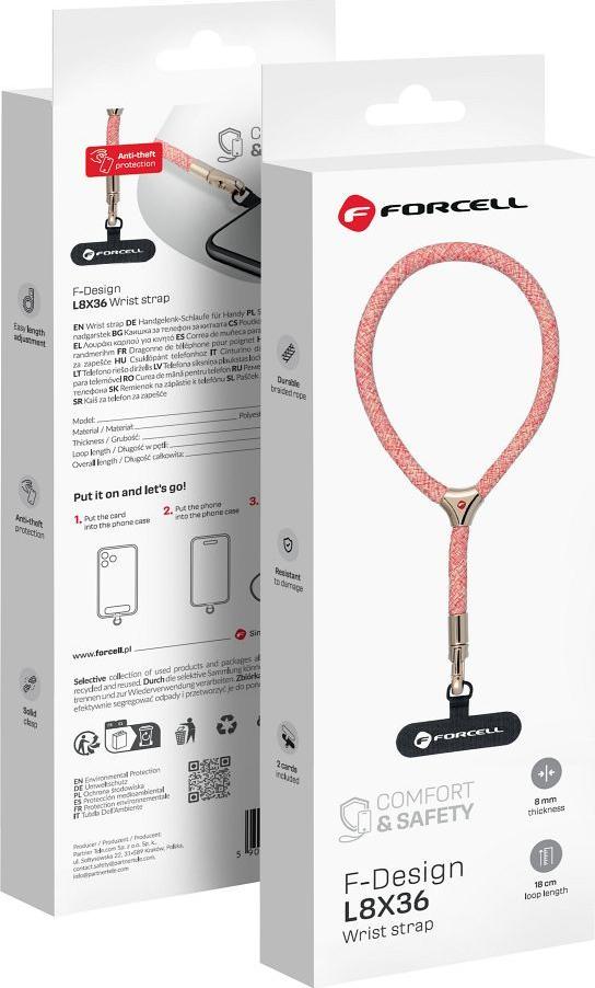 FORCELL F-DESIGN L8X36 šnúrka na telefón na zápästie s nastaviteľnou dĺžkou (max. 18 cm v pútku) ružová biela