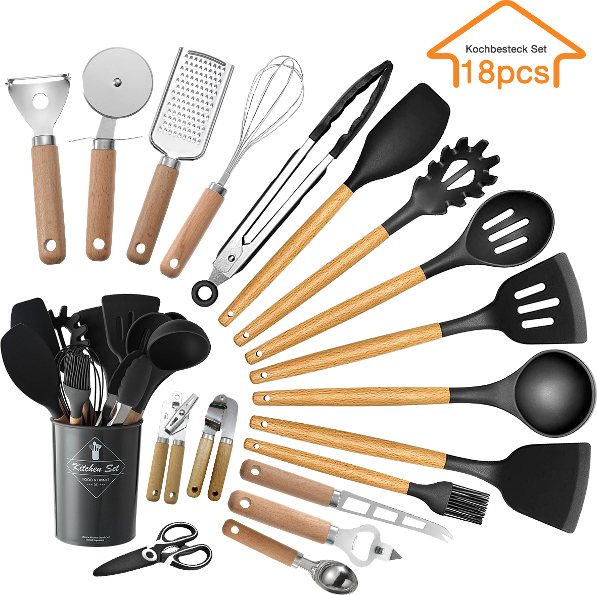 Novzep 19 teiliges Küchenhelfer Set, rutschfestes Holzgriff Set, Kochutensilien, Edelstahl Schneebesen, Backset, Pizzawerkzeuge, Käsemesser KAUF-ALRI-KF025-14