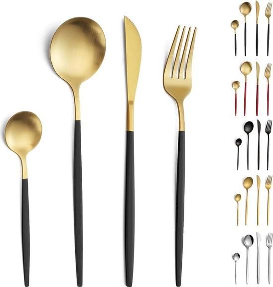 Merkloos Besteckset, 24-teiliges Besteckset für 6 Personen, Edelstahl Besteckset, Besteck Schwarz Gold Matt, Bestecksets, Besteck mit Messer, Gabel, Löffel, Spülmaschinenfest 103140-0
