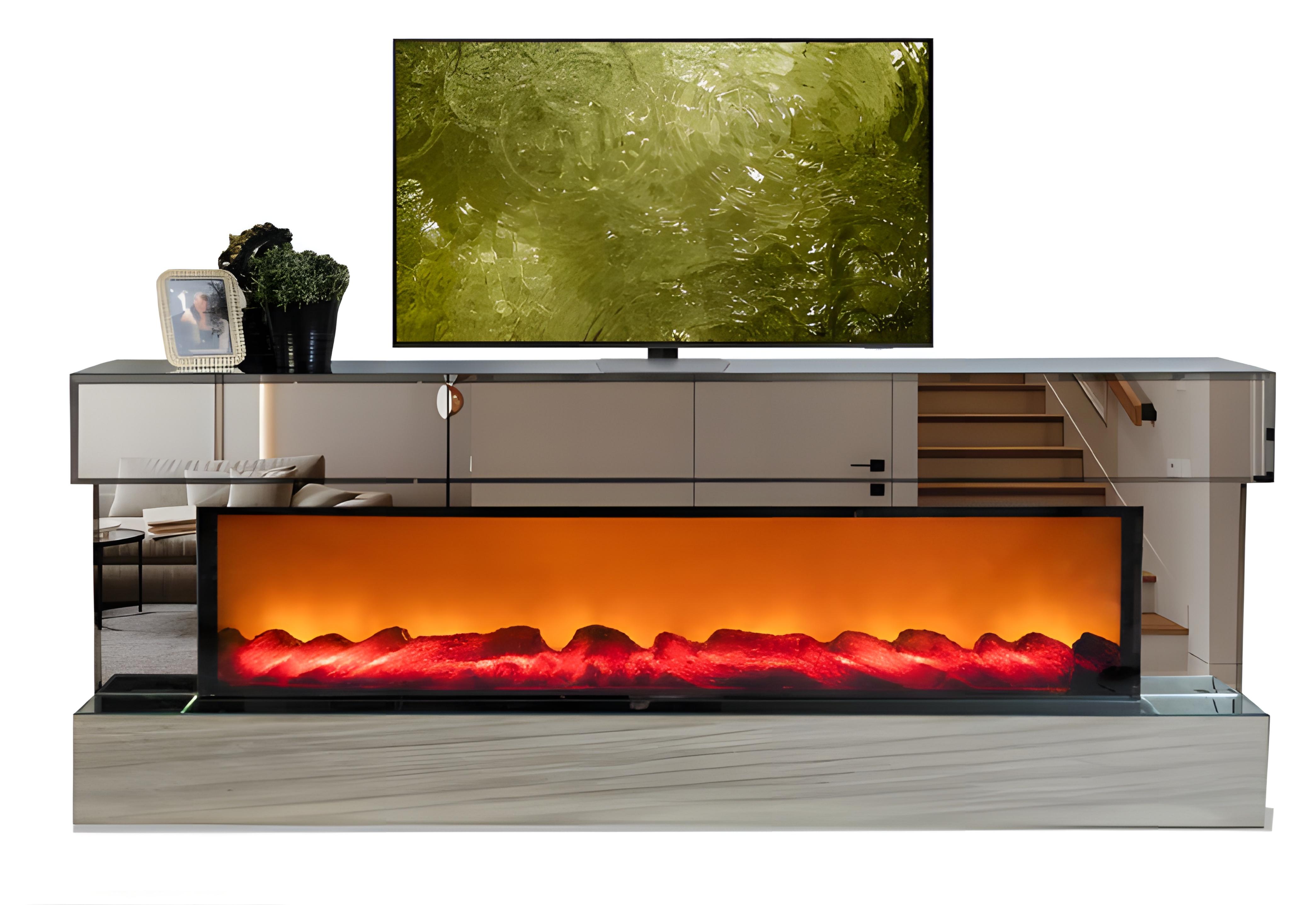 AEA TV-Lowboard aus Spiegelelementen mit Kamineffekt in rechteckiger Form