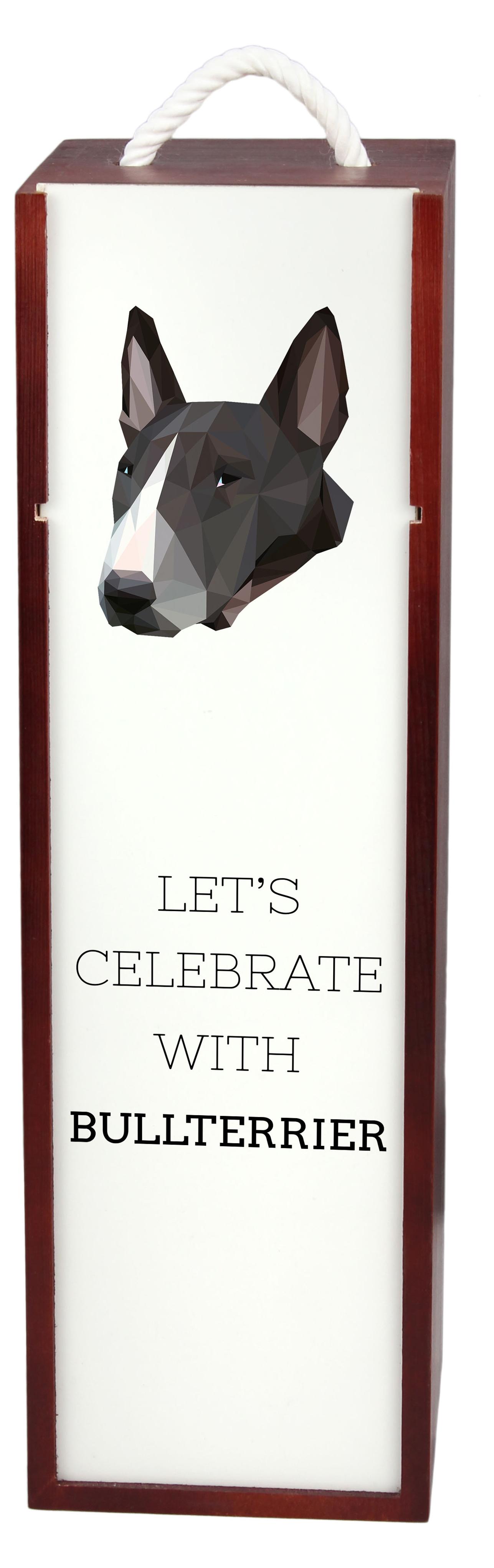 Bull Terrier, Bullterrier - geometrische Box mit einem Bild und Schriftzug für Wein der Marke Art-Dog