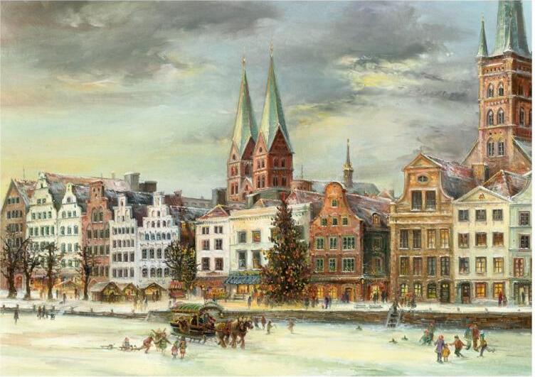 Olewinski & Tochter Adventskalender Lübeck mit Altstadt Giebelhäuser-Motiv