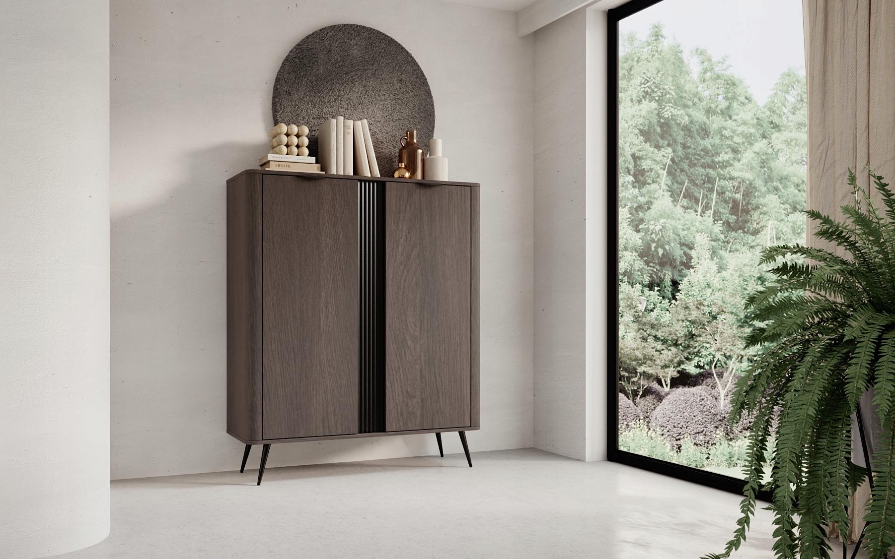 Meble Laski Hohe Kommode Veris Eiche Dunin + Schwarz mit Riffel-Front für Wohnzimmer FENWOOD