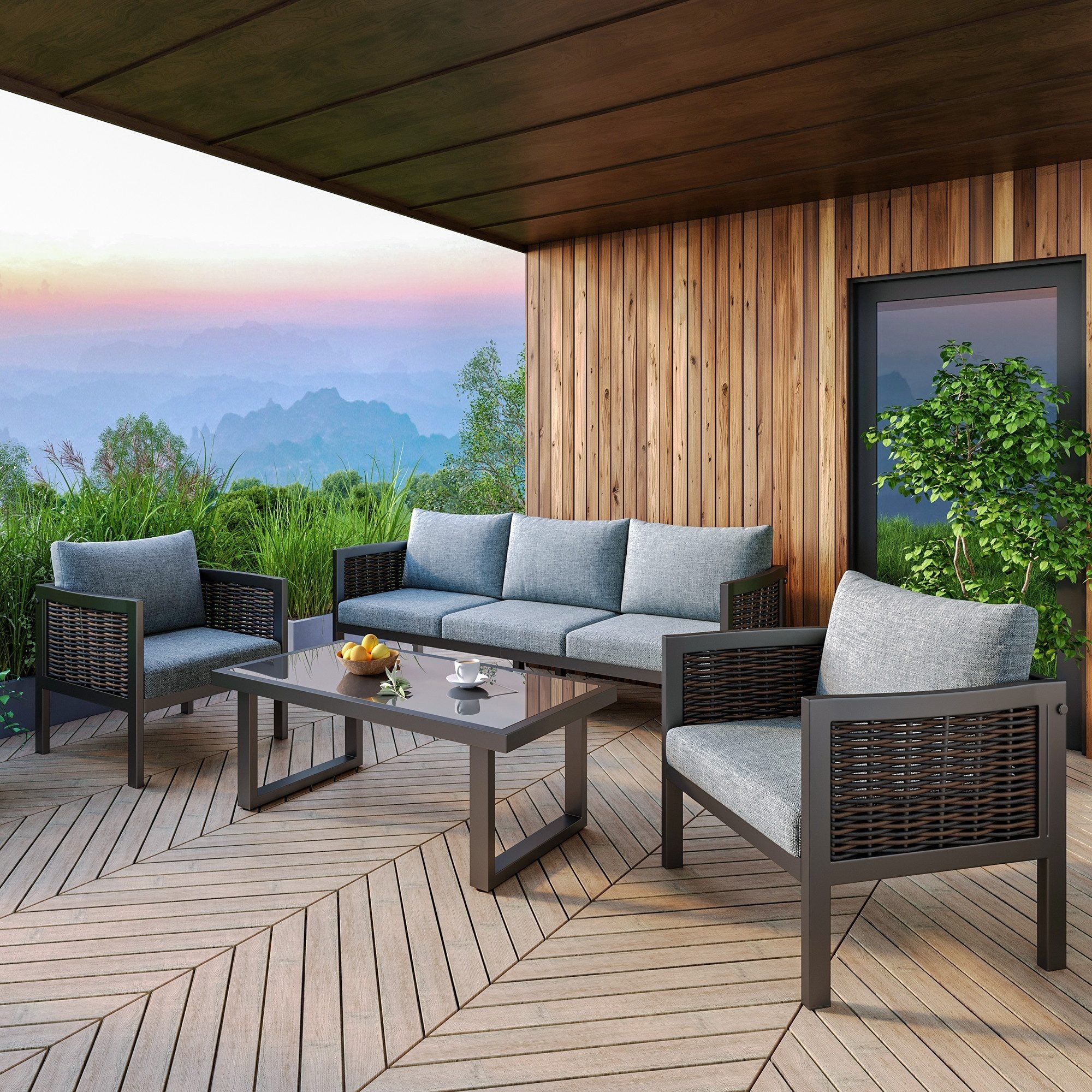 Lanki International Odikalo Gartenlounge-Set Gartenmöbel Kissen 3er Sofa Sessel Glas Couchtisch Outdoor Rattan Grau