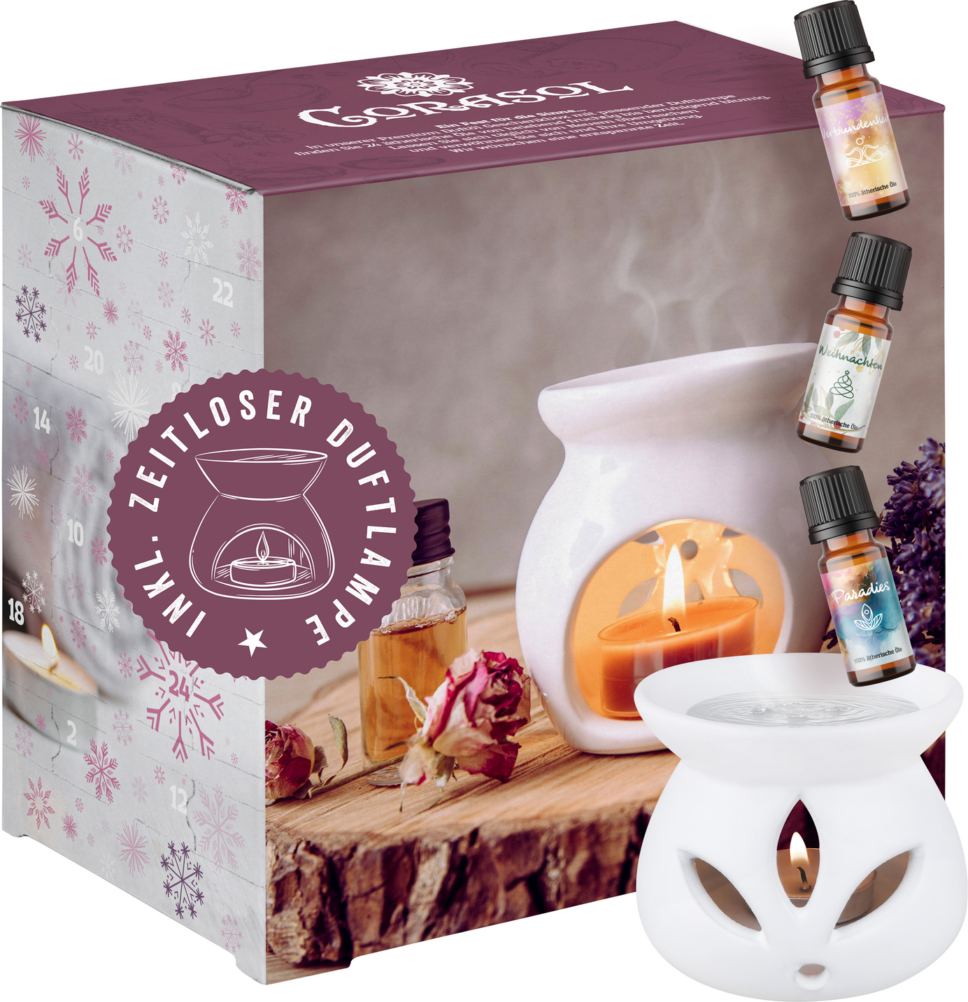 Adventný kalendár s 24 esenciálnymi olejmi a nadčasovou vonnou lampou Corasol Premium Wellness Fragrance Oil (240 ml)