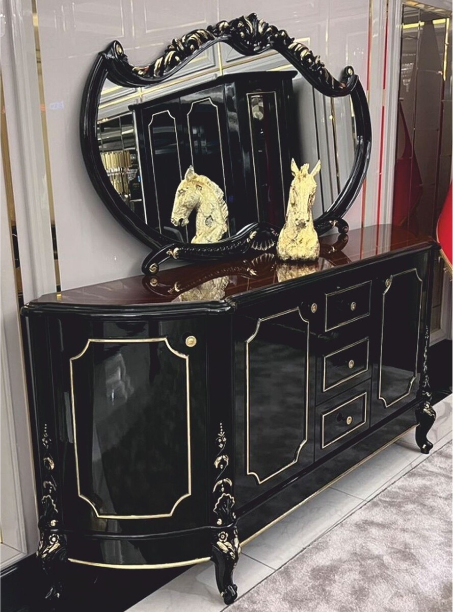Demotex GmbH Casa Padrino Luxus Barock Sideboard mit Spiegel Schwarz / Dunkelbraun / Gold - Handgefertigte Barock Möbel