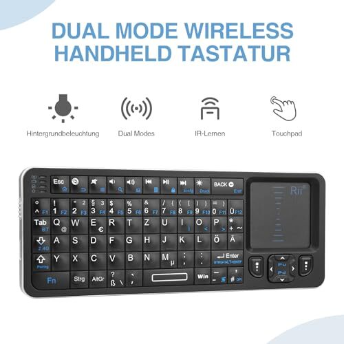 RII Mini Bluetooth -Tastatur -Touchpad, Wireless IR -Lern -Hintergrundbeleuchtung Android TV -Box/Mac/Laptop/Windows/Tablet (Deutsches Layout)