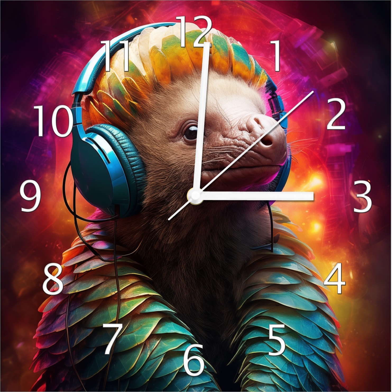 Wallario Design Wanduhr Schuppentier mit Kopfhörern aus Echtglas, Größe 30 x 30 cm guk1009-3030