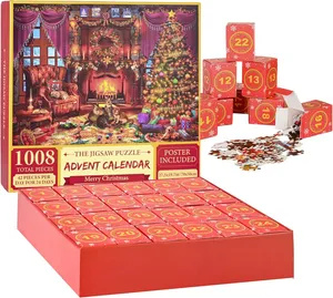 Adventný kalendár 2024 Vianočné puzzle, 24 políčok - 1008 dielikov puzzle, Otec Vianoc pripravuje darčeky, odpočítavanie do Vianoc