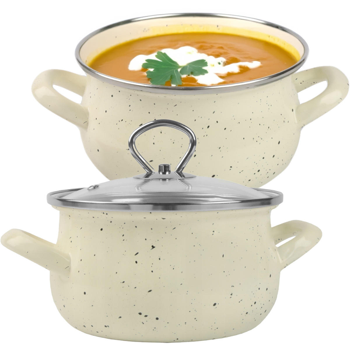 Silesia Emalia Küchentopf aus emailliertem Stahl mit Deckel Helena Pot 1,9 L Beige Emailliert