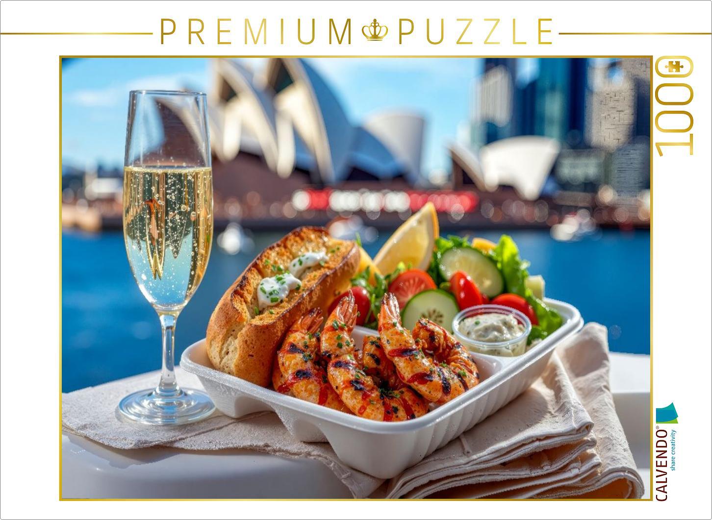 CALVENDO Puzzle Ein Glanzpunkt - gegrillte Garnelen mit Knoblauchbrot und Dips | 1000 Teile Lege-Größe 64x48cm Foto-Puzzle für glückliche Stunden