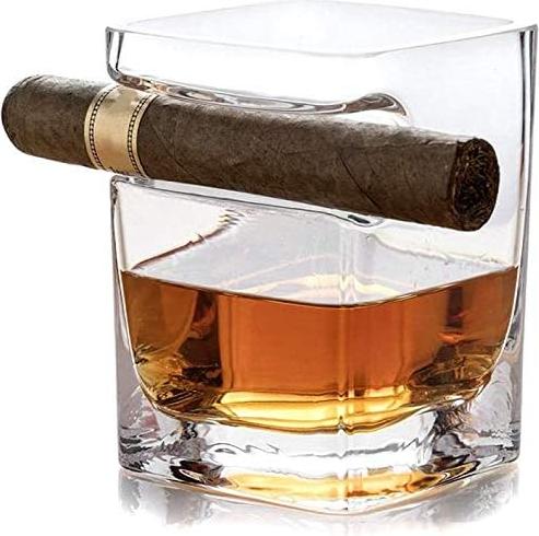 snq Whiskyglas mit Zigarrenhalter mit eingebauter Zigarrenablage, freihändig für Zigarrenliebhaber Old Fashion Ultra Clear Cigar Glass,Square,8×8×10cm HWL-READ-03105