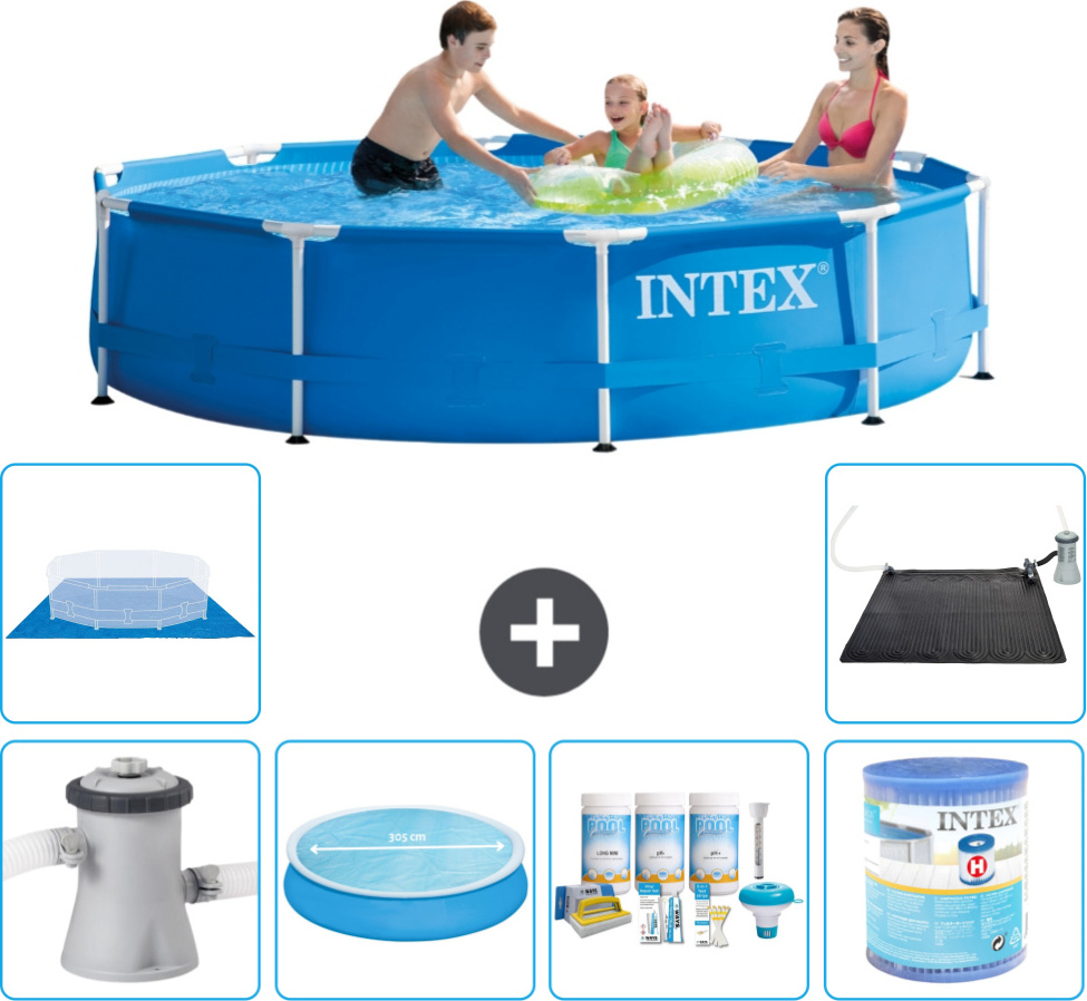 Bazén s okrúhlym rámom Intex - 305 x 76 cm - modrý - vrátane čerpadla - markízy - balíka na údržbu - filtra - krycej plachty - solárnej podložky