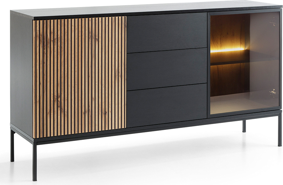 Wohnzimmer Sideboard mit Beleuchtung in schwarz mit Wotan Eiche SIBARI-160