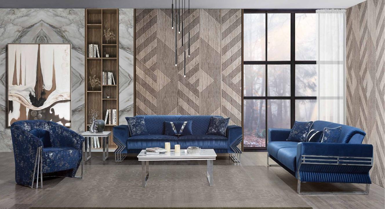 Wohnzimmer Blaue Couchgarnitur Designer Dreisitzer Sessel Couchtisch