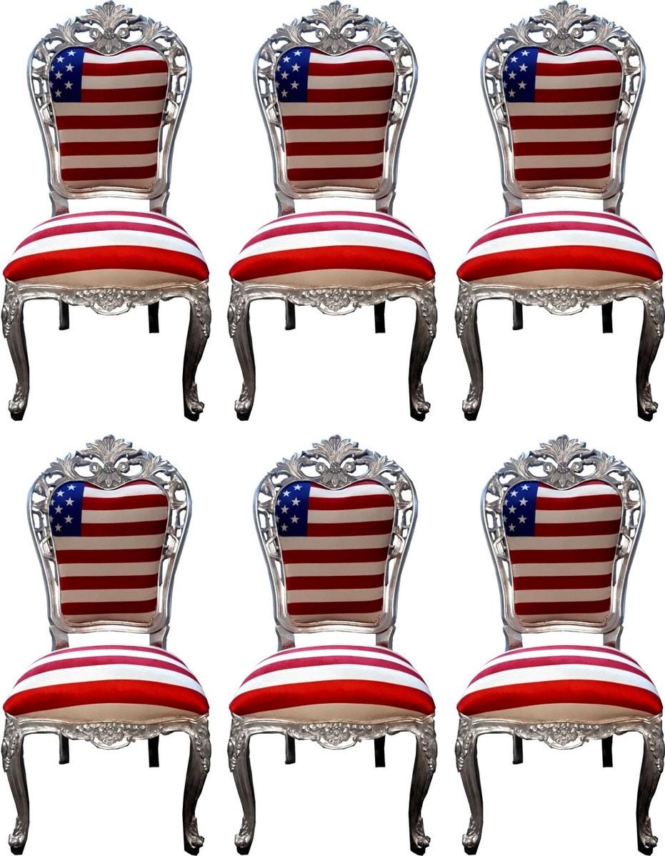Casa Padrino Luxus Barock Esszimmer Stuhl Set USA / Silber 52 x 51 x H. 105 cm - Designer Barock Küchen Stühle 6er Set - Barock Esszimmer Möbel