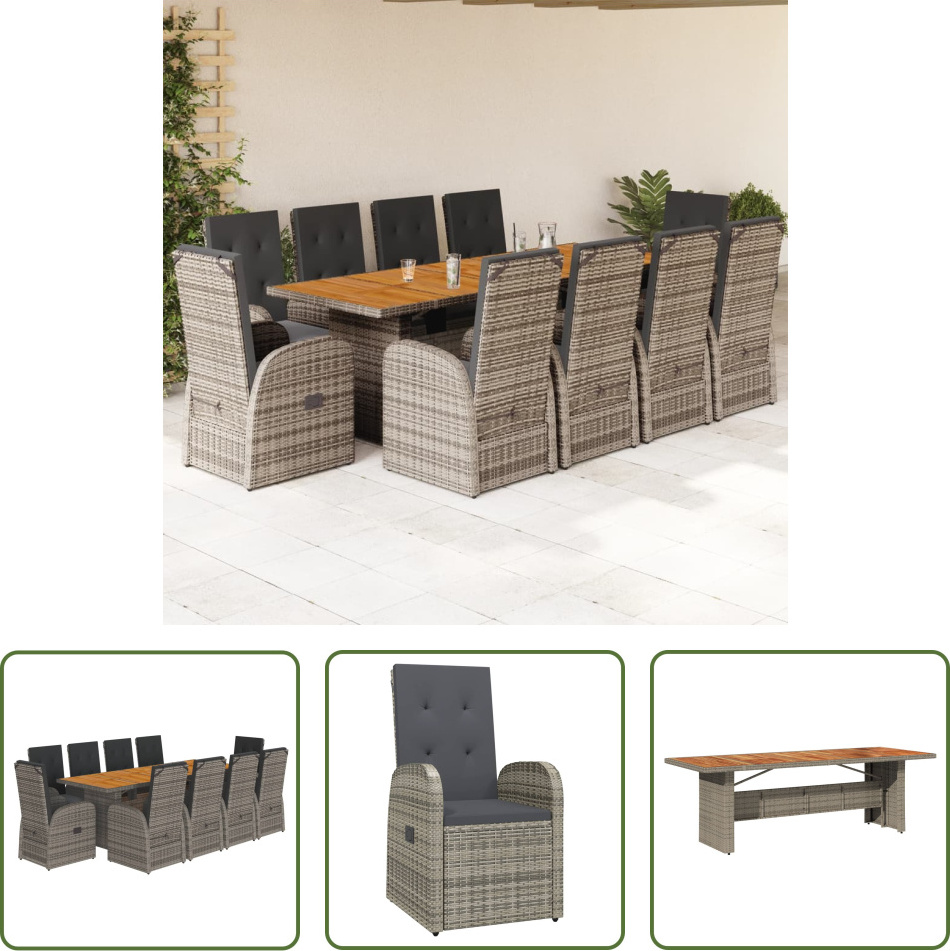 The Living Store 11-dielny záhradný jedálenský set s vankúšmi sivý polyratan
