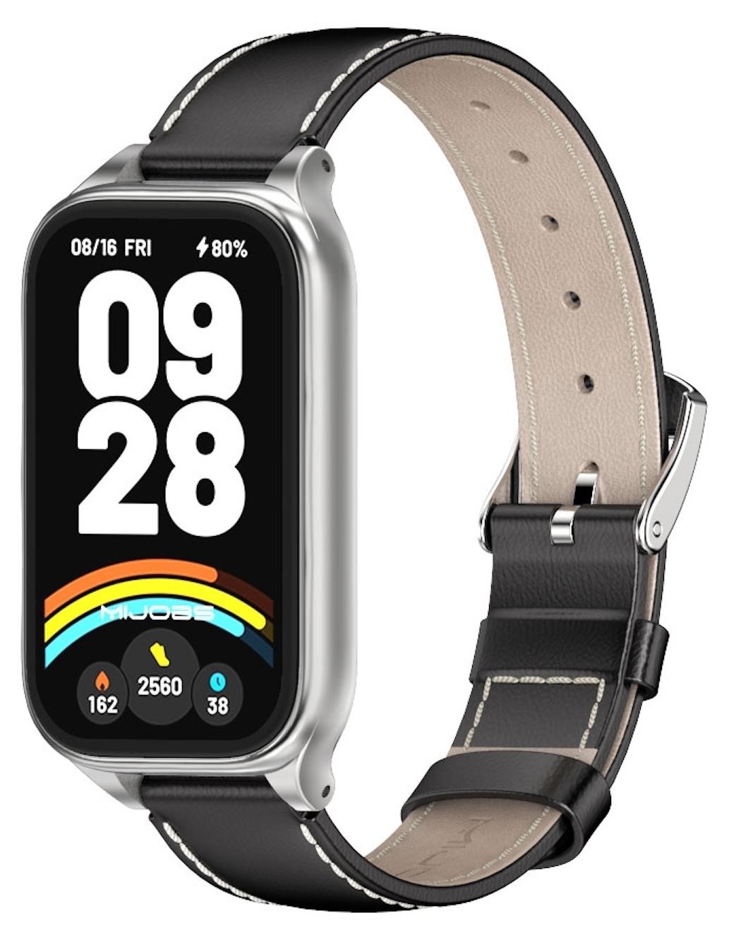 Pre Xiaomi Smart Band 9 Active / Redmi Band 3 Kožený náramok s kovovým rámom Black / Silver