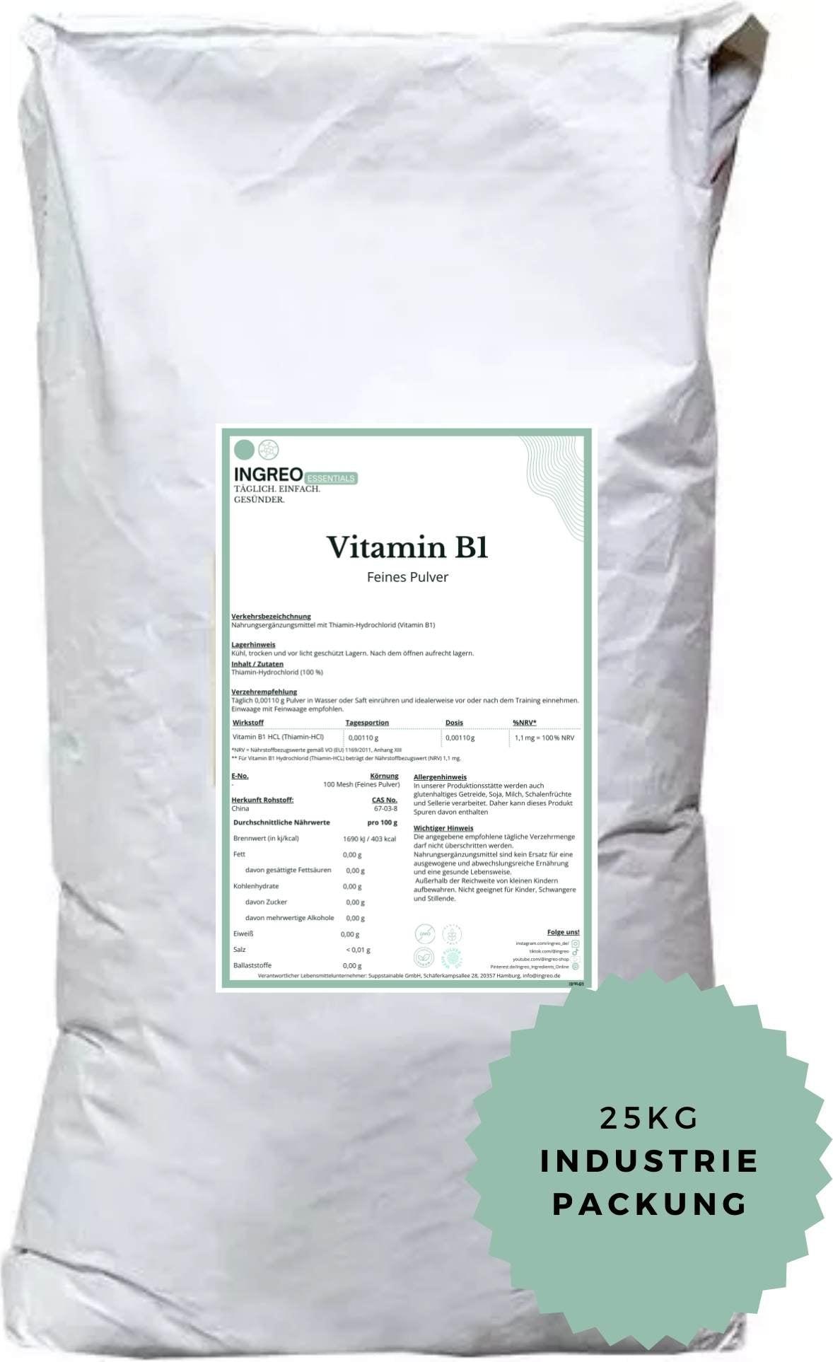 INGREO Essential Vitamin B1 Hydrochlorid (HCL) Feines Pulver (>100 Mesh) – 25 kg