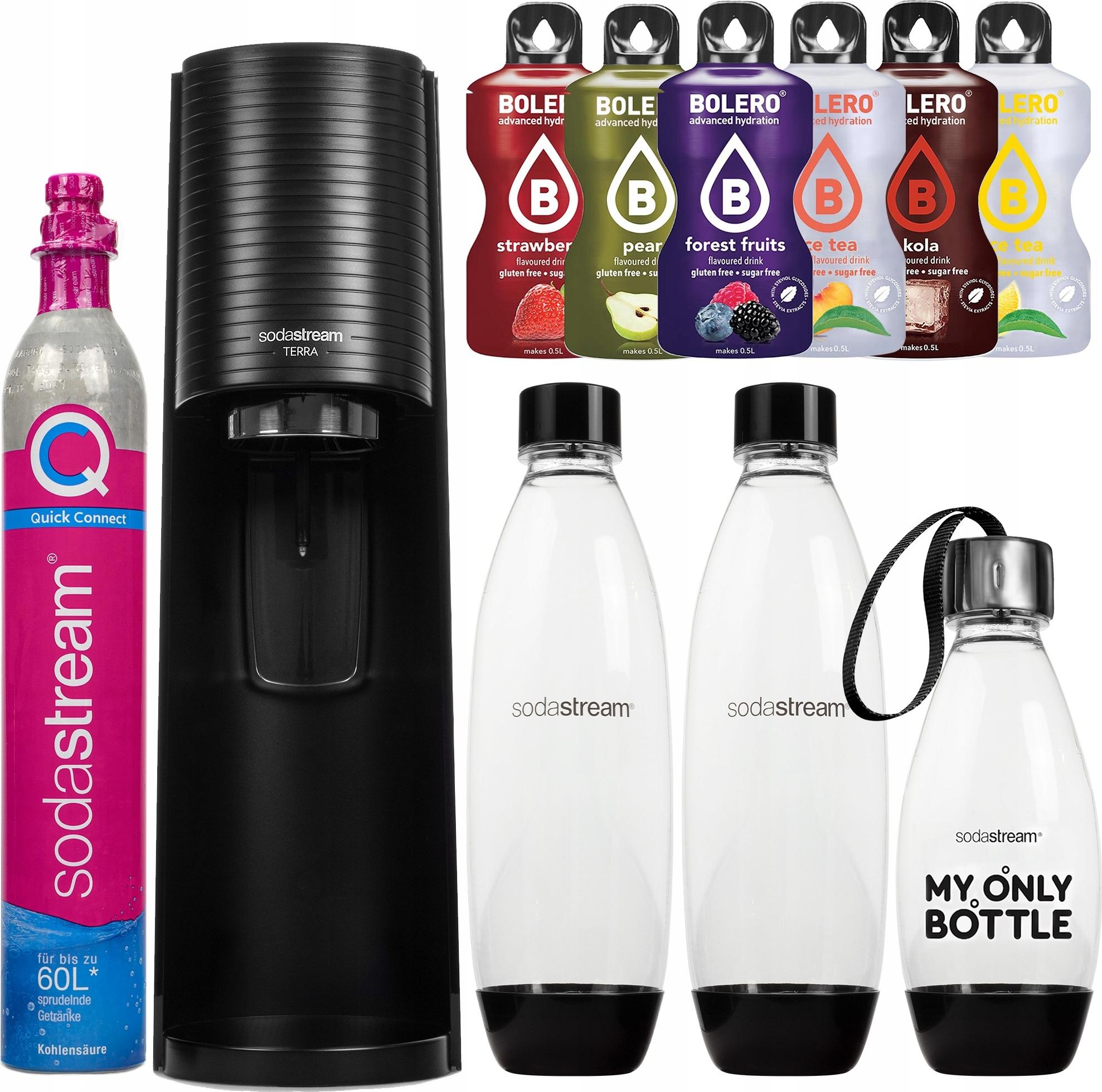 Výrobník perlivej vody Sodastream Terra Black Set s 3 fľašami a sirupom