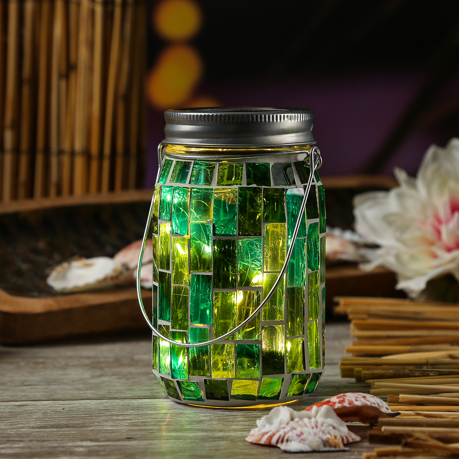 MARELIDA LED Solar Glas - Einmachglas mit Mosaiksteinchen - mit Henkel - H: 13,5cm - Lichtsensor - grün [327]895015-1-gruen