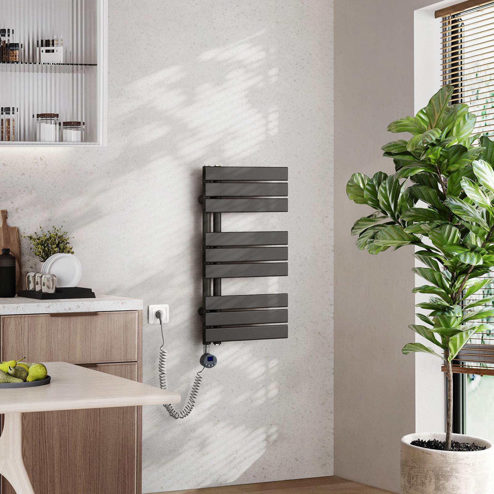 Elektrický kúpeľňový radiátor EMKE s termostatom na ohrev uterákov s wifi ovládaním 762 x 400 mm antracitový držiak na uteráky so sušičom uterákov s 400W vykurovacím telesom