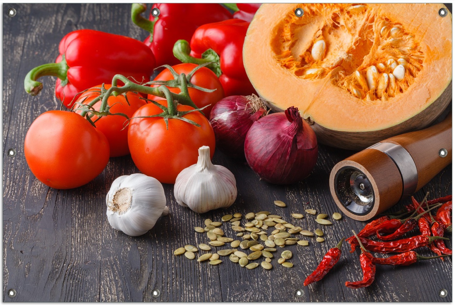 Wallario Outdoor-Poster für Garten oder Balkon, Motiv Kürbissuppe - Zutaten mit Tomaten, Knoblauch, Zwiebeln und Pfeffer, in ca. 100 x 150 cm goban5290-100150