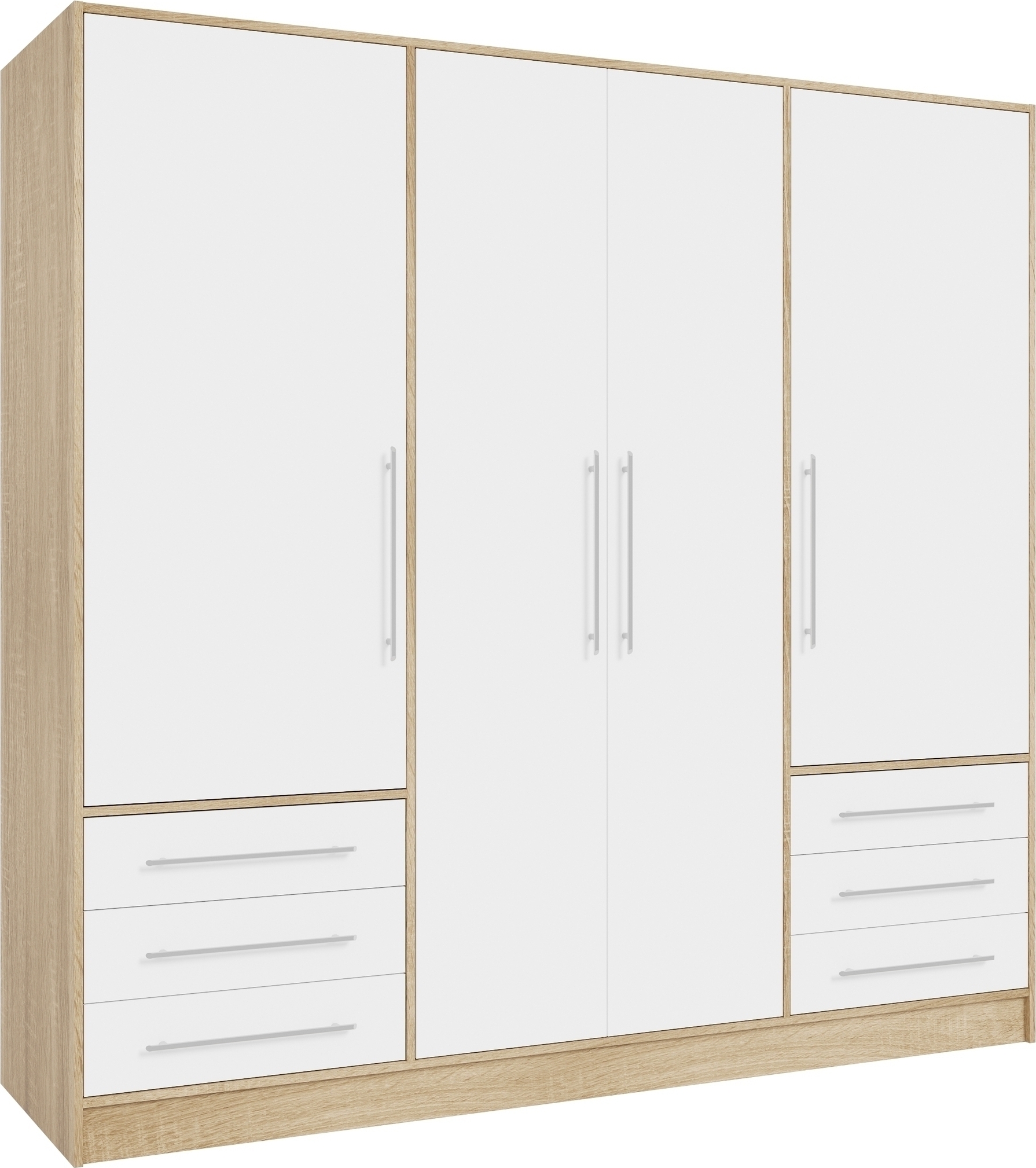 Drehtürenschrank >JUPITER< 4 Türen, 6 Schübe, Sonoma Eiche Nachbildung / Weiss - 206,5x200x60cm (BxHxT)