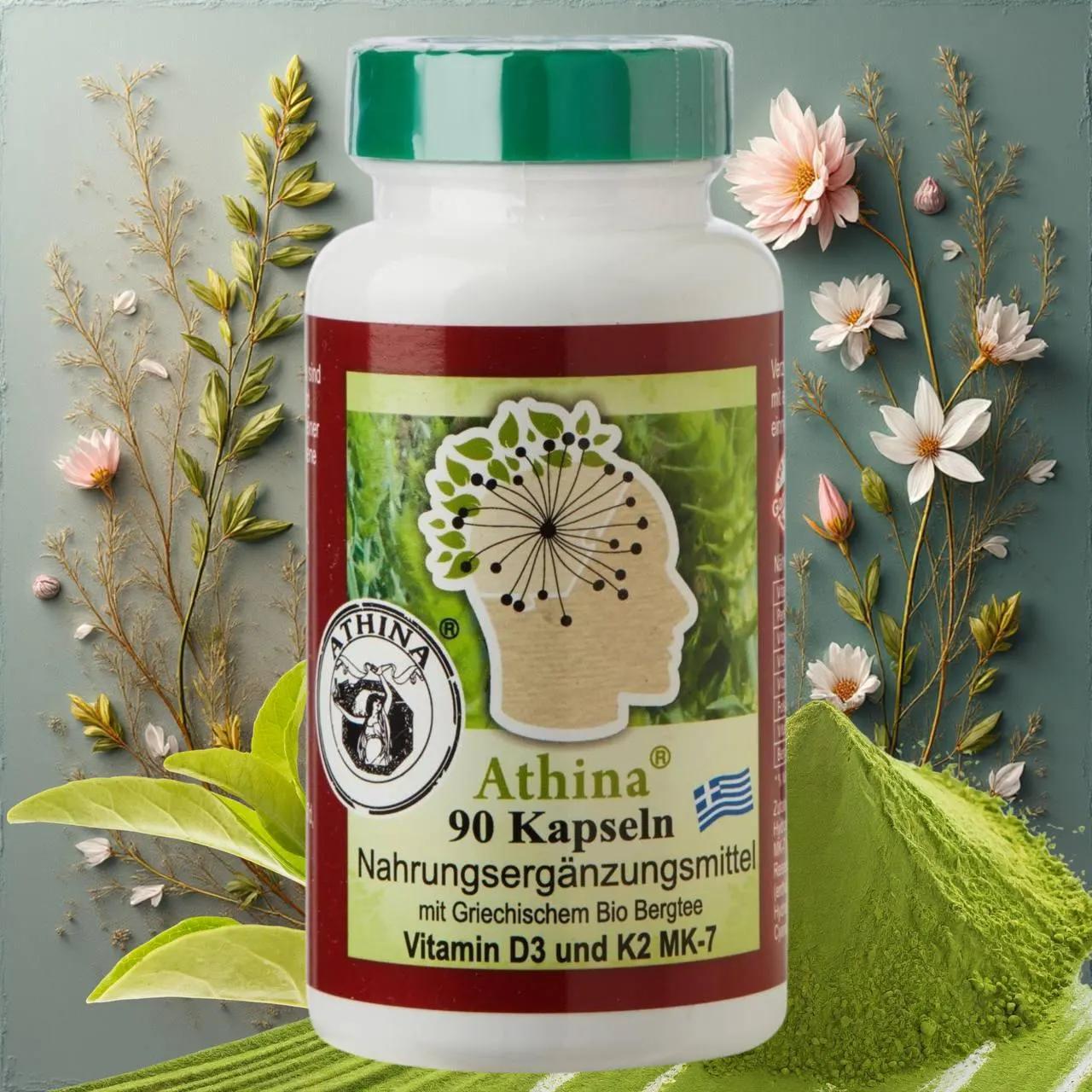 Athina® Griechische Eisenkraut Bergtee Kapseln 90 Stück I Griechischer Bergtee + Vitamin D3, k2 mk-7 & Vitamin B Komplex pro Kapse I Vegan Athina254858