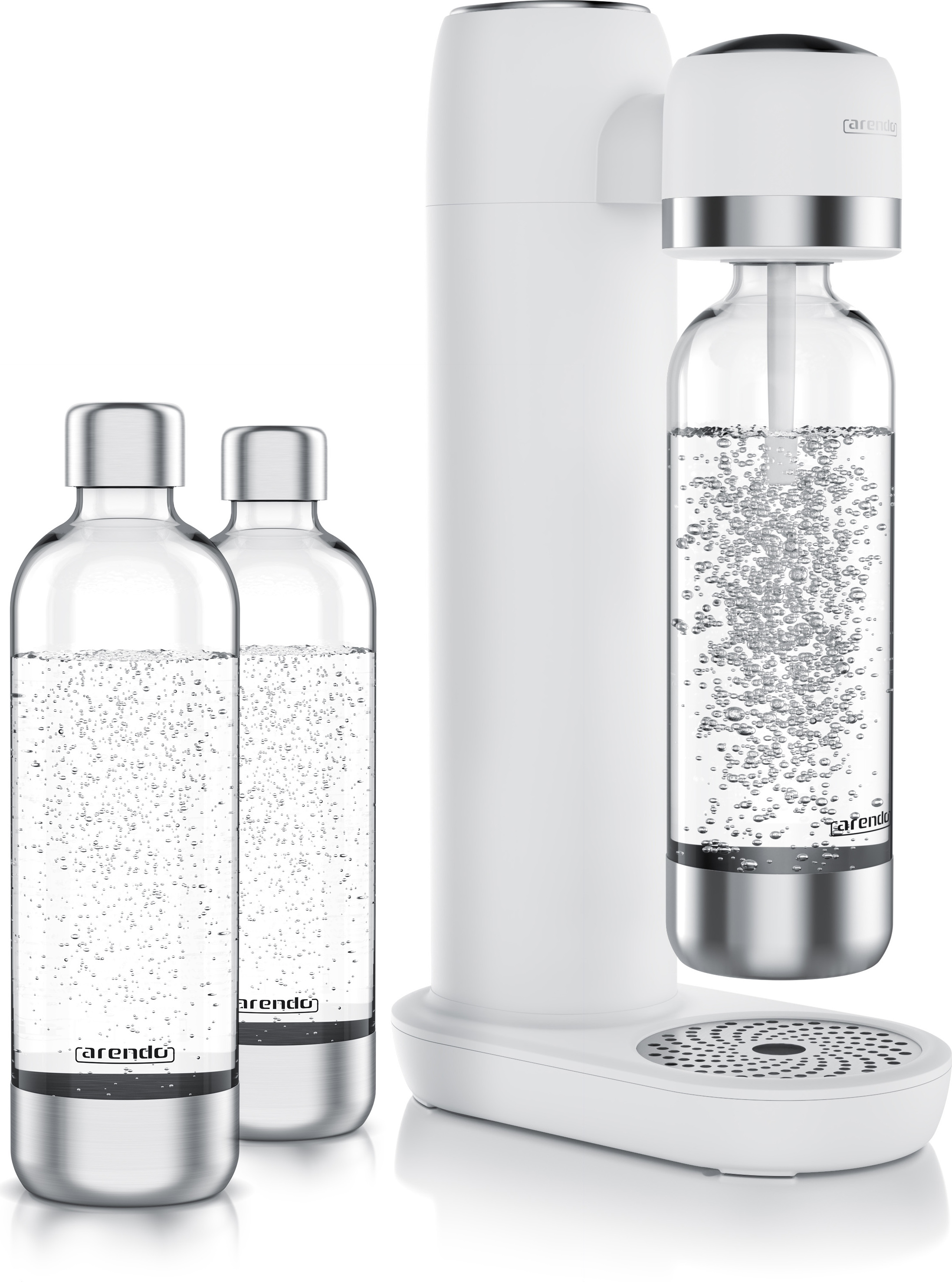 Výrobník perlivej vody Arendo, výrobník sódy, vrátane 3x 1 l PET fľaše, bez BPA, jemné dávkovanie, kompatibilný so 60 l CO2 fľašami, SodaStream Easy/Cool, PET/ABS, biely
