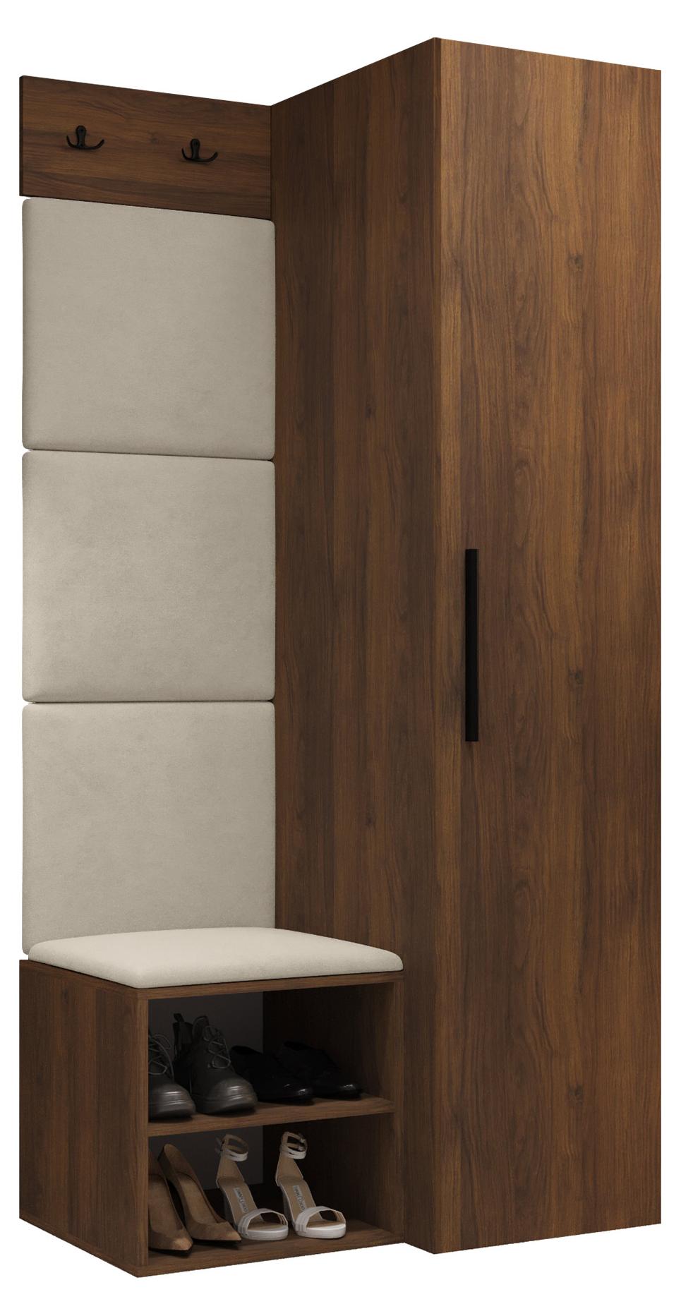 MIRJAN24 Garderoben-Set Medi III, Schuhschrank, Kleiderhakenbrett, 4x Paneel 42x42, 2 Kleiderhaken (Farbe: Nuss Warmia, Manila 02)